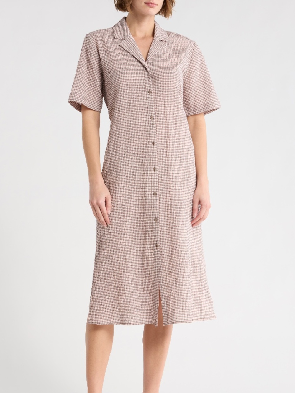 EILEEN FISHER Sheer Cotton Pucker Shirt Dress in Cocoa Check Gingham Print XS